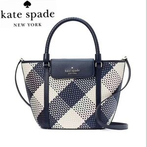 NWT KATE SPADE CRUISE GINGHAM MEDIUM TOTE BLAZER BLUE STRAW/LEATHER SHOULDER BAG